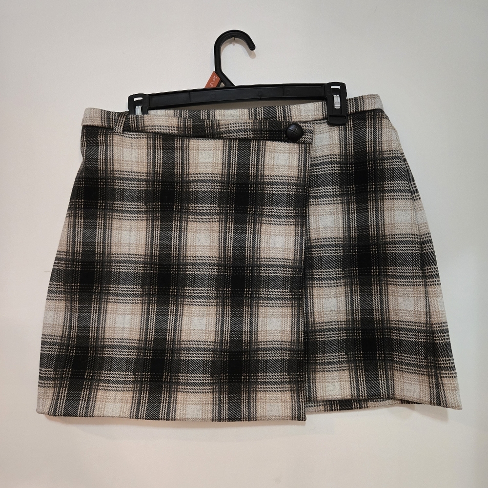 NWOT CATHERINE MALANDRINO Black/Camel Plaid Knit A-line Pull On Mini Skirt - Picture 3 of 9